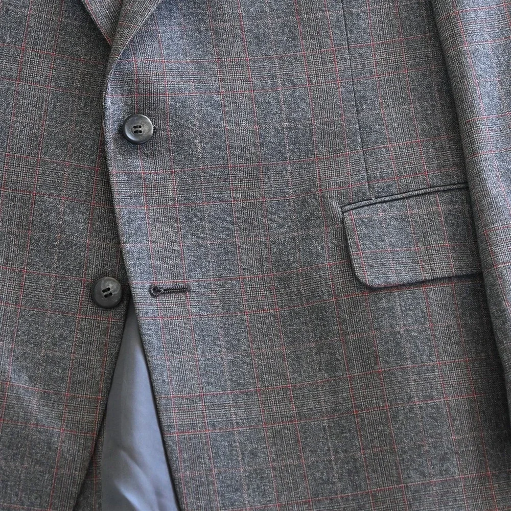 Vtg 60s USA‎ Made 44L Gray Check Wool Mens Blazer Suit Jacket Sport Coat